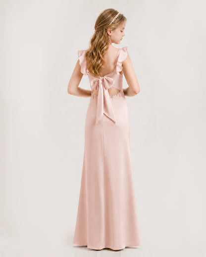 Blush Pink Chiffon Ruffle-Shoulder Junior Bridesmaid Dress Back View