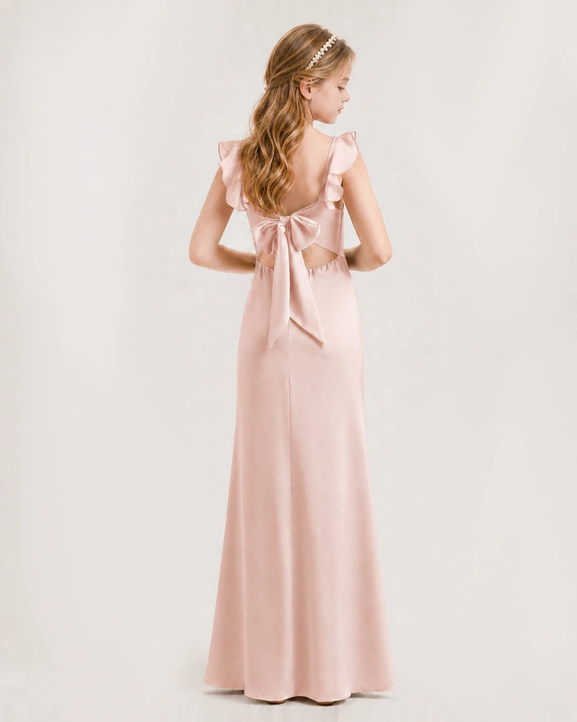 Blush Pink Chiffon Ruffle-Shoulder Junior Bridesmaid Dress Back View