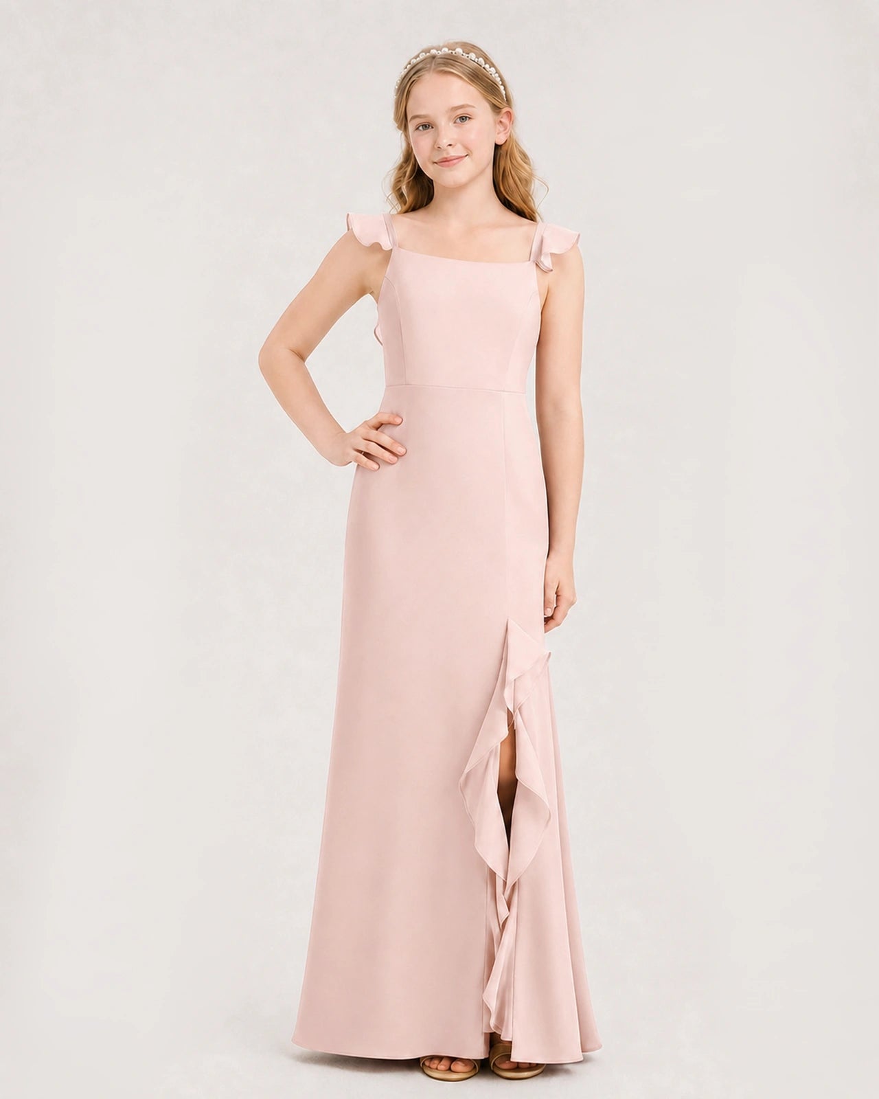Blush Pink Chiffon Ruffle-Trim Junior Bridesmaid Dresses Front View