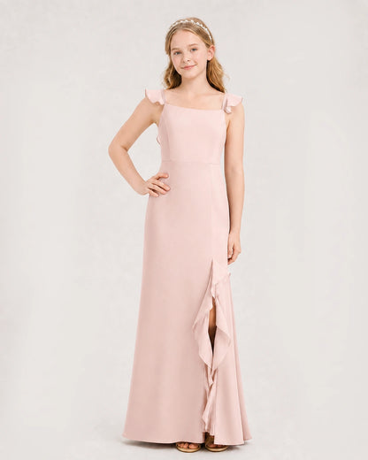 Blush Pink Chiffon Ruffle-Trim Junior Bridesmaid Dresses Front View