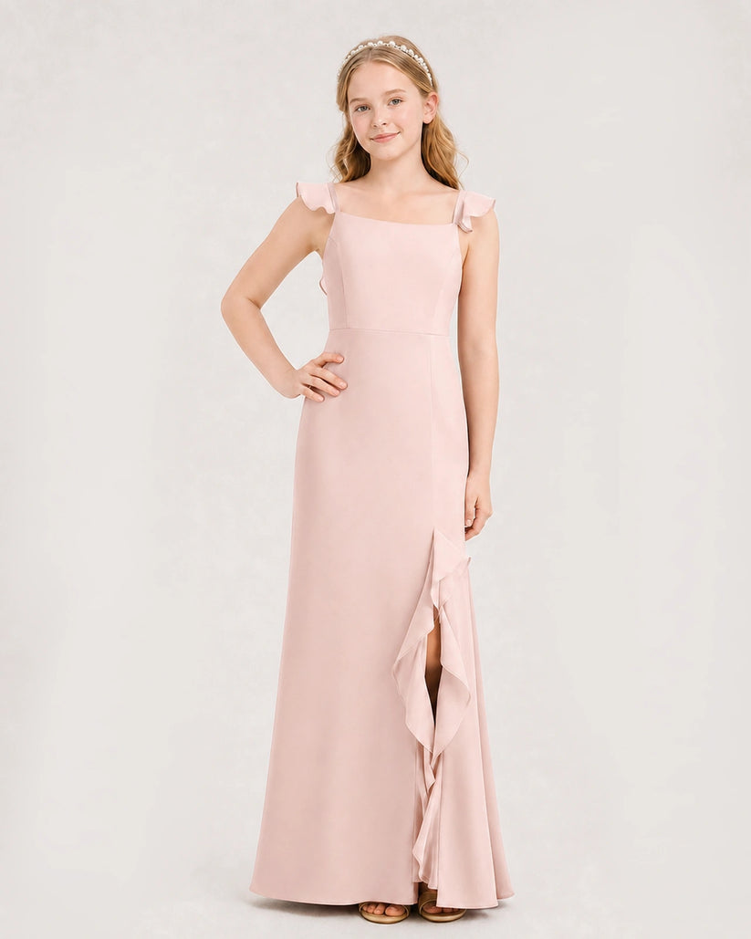 Blush Pink Chiffon Ruffle-Trim Junior Bridesmaid Dresses Front View