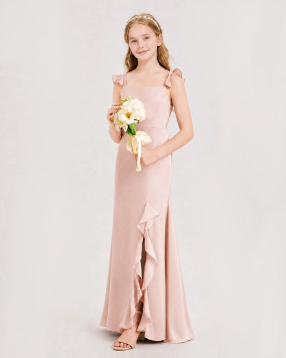 Blush Pink Satin Ruffle Slit Junior Bridesmaid Dresses Side View