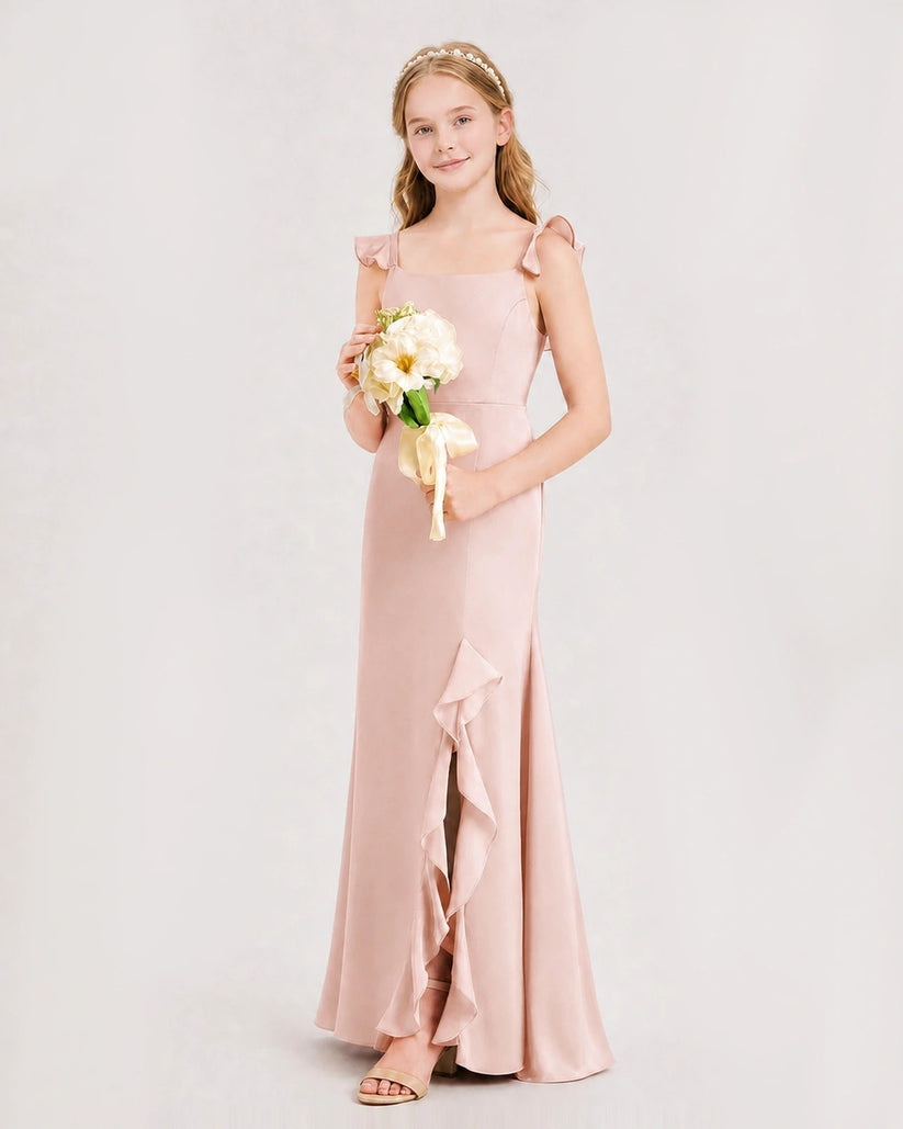 Blush Pink Satin Ruffle Slit Junior Bridesmaid Dresses Side View