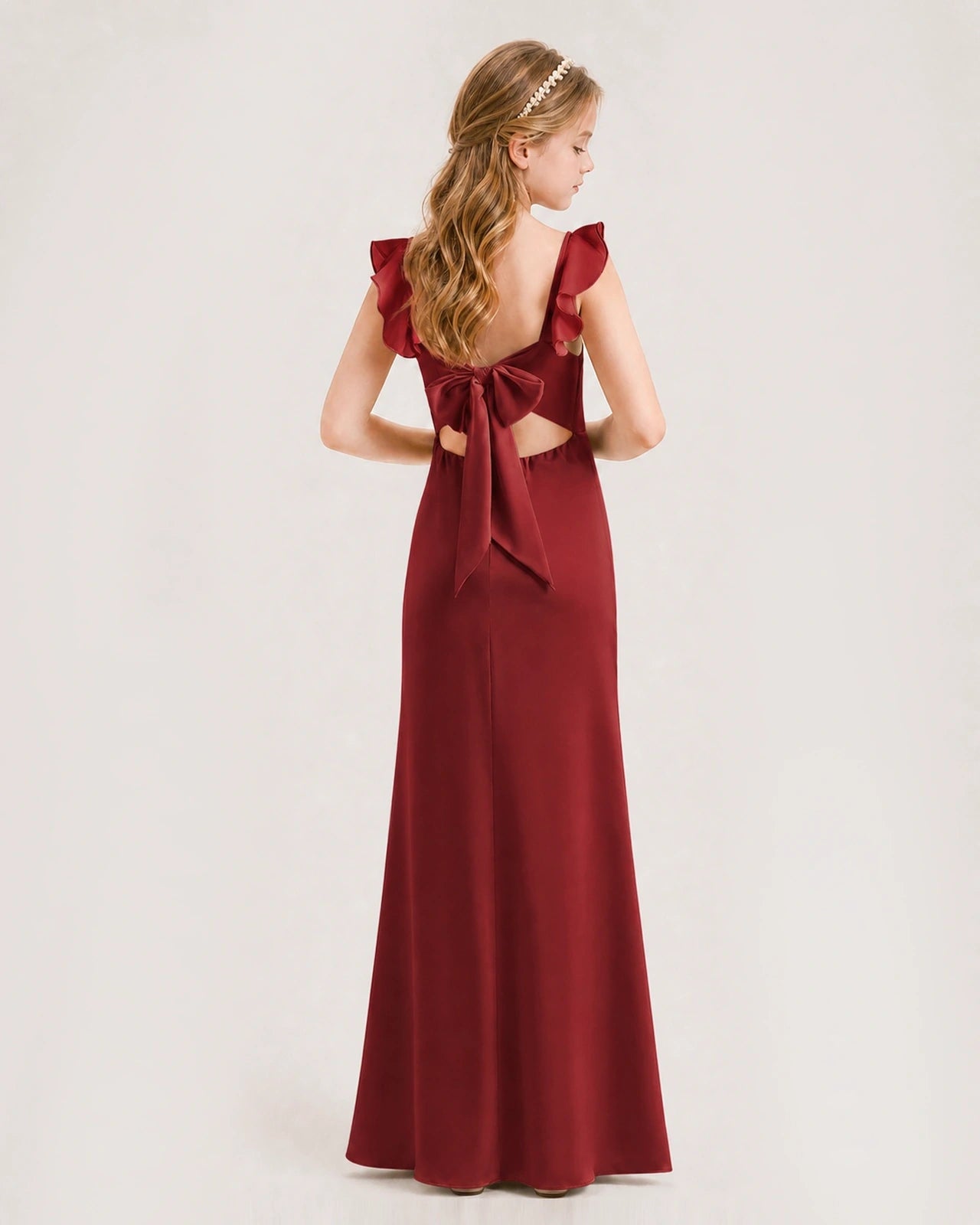 Burgundy chiffon bow-back junior bridesmaid dress, Back View