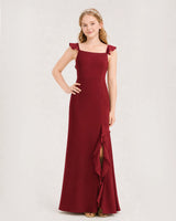 Burgundy chiffon square neck ruffle slit junior bridesmaid dress Front View