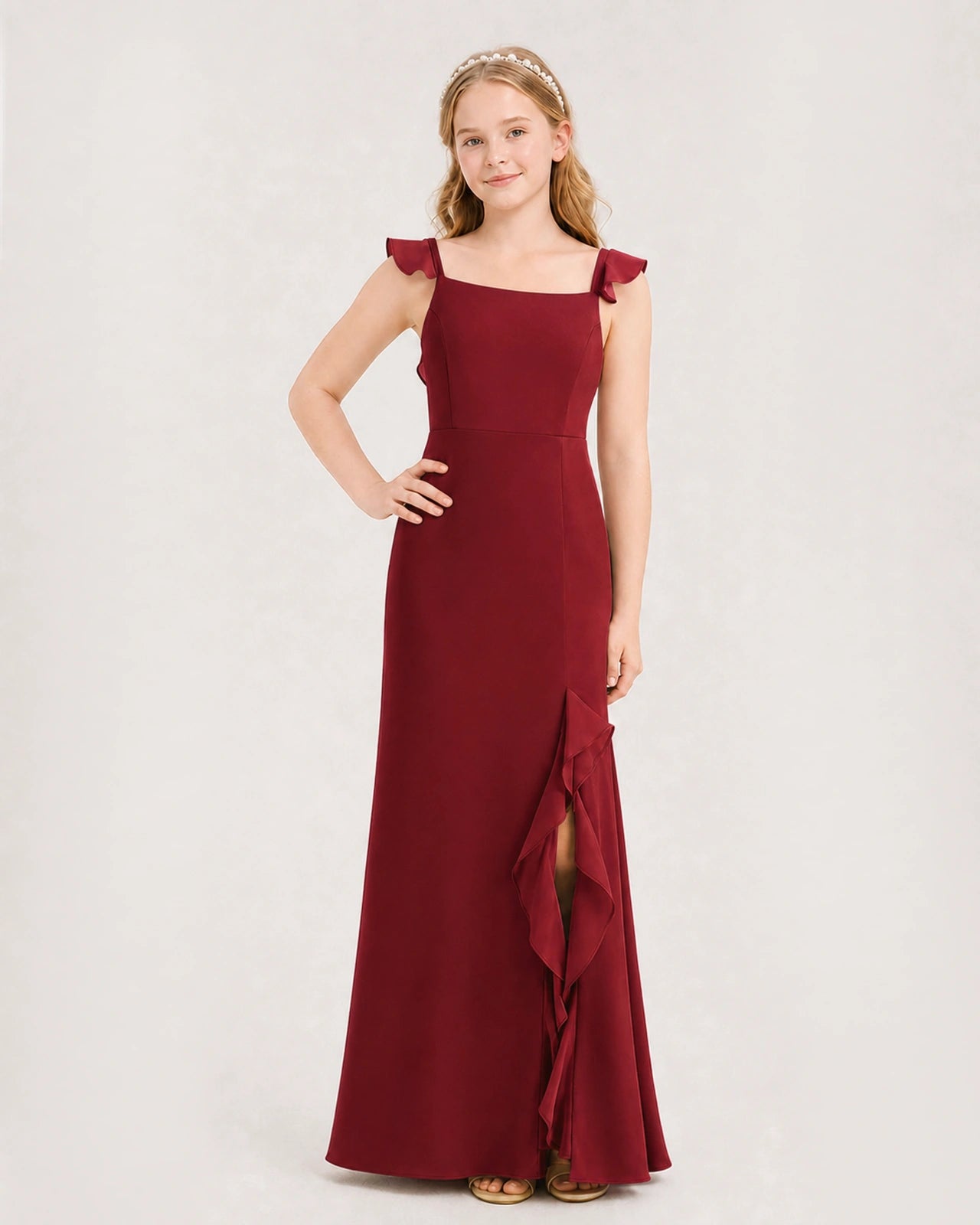 Burgundy chiffon square neck ruffle slit junior bridesmaid dress Front View