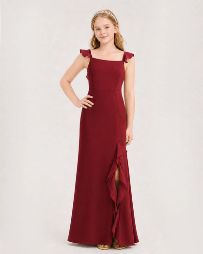 Burgundy chiffon square neck ruffle slit junior bridesmaid dress Front View