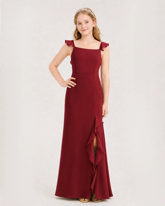 Burgundy chiffon square neck ruffle slit junior bridesmaid dress Front View