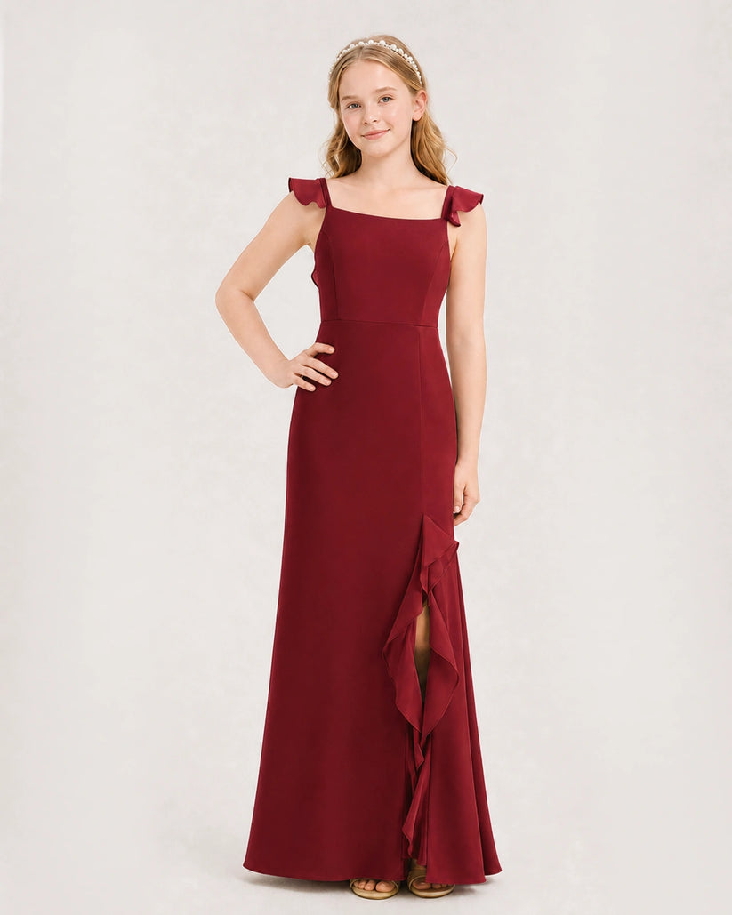 Burgundy chiffon square neck ruffle slit junior bridesmaid dress Front View