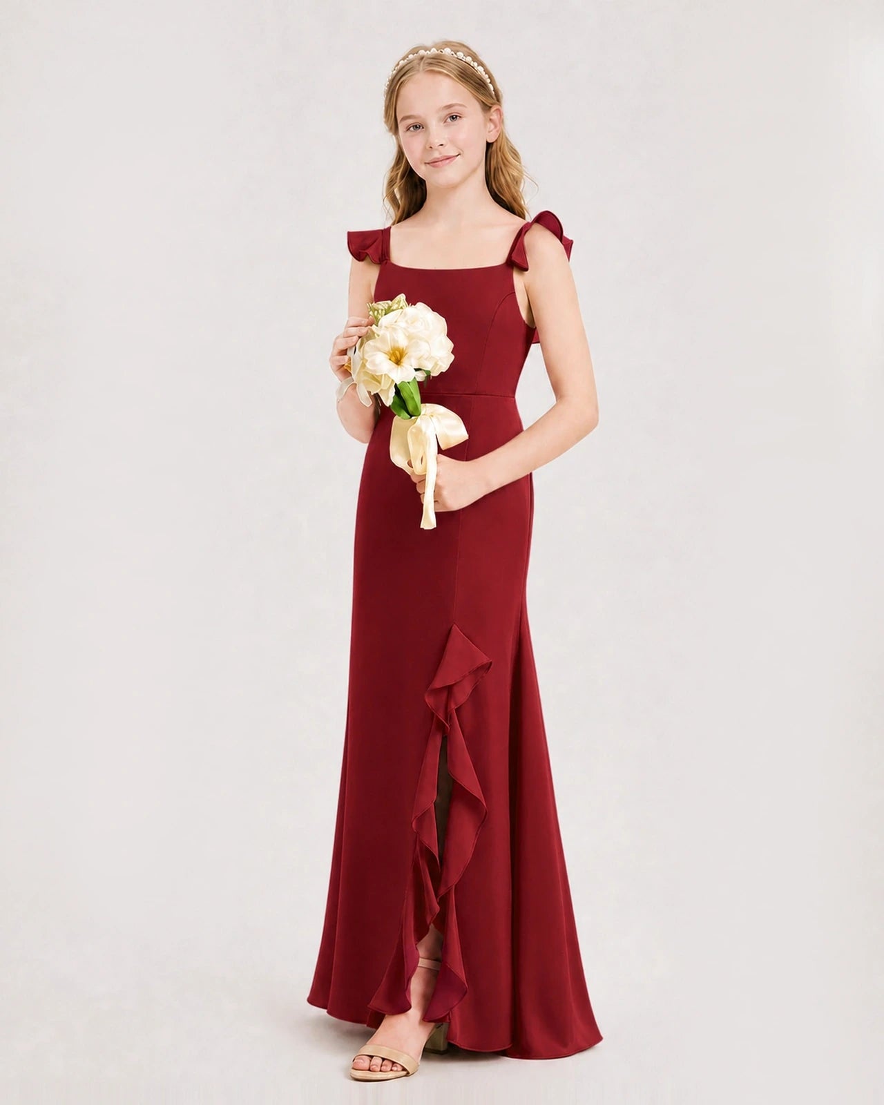 Burgundy Chiffon Ruffled Split Junior Bridesmaid Dresses Side View