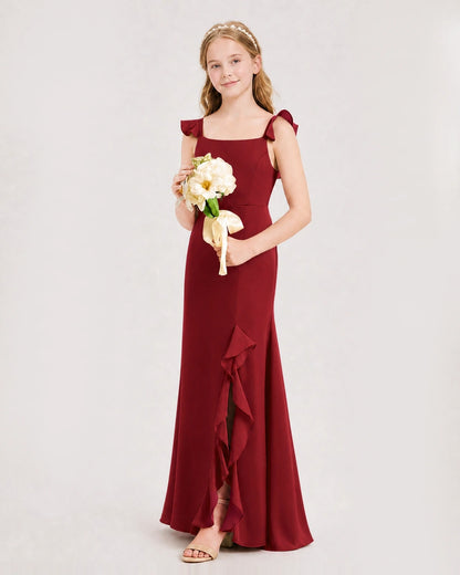 Burgundy Chiffon Ruffled Split Junior Bridesmaid Dresses Side View