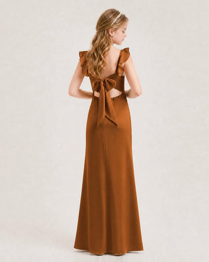 Burnt Orange Chiffon Ruffle-Shoulder Bow-Back Junior Bridesmaid Dresses Back View