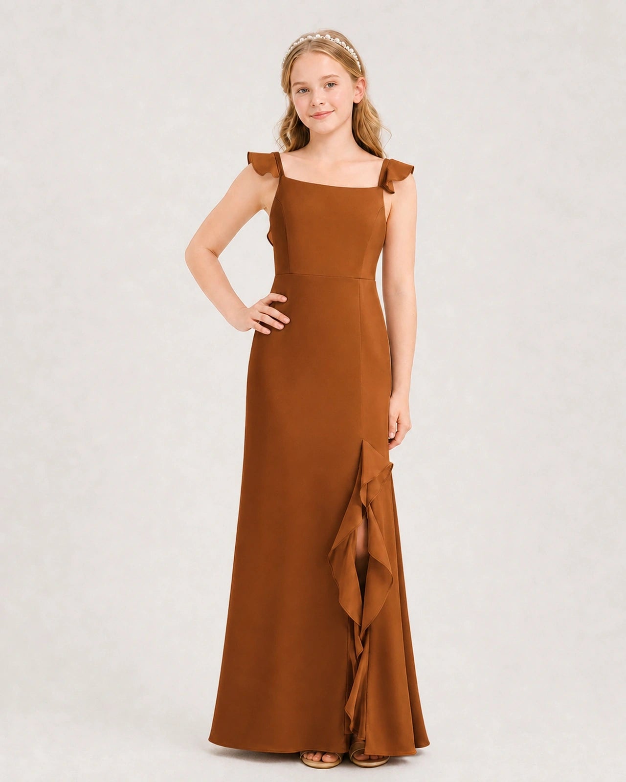 Burnt Orange Chiffon Ruffle Slit Junior Bridesmaid Dresses Front View