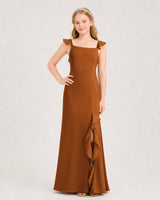 Burnt Orange Chiffon Ruffle Slit Junior Bridesmaid Dresses Front View