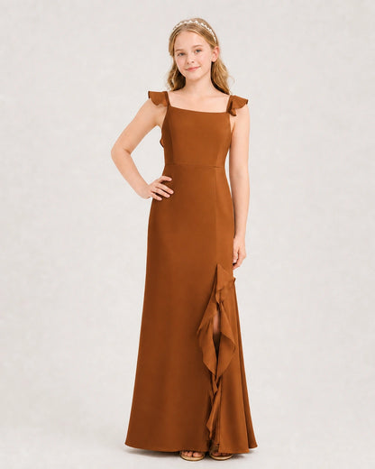 Burnt Orange Chiffon Ruffle Slit Junior Bridesmaid Dresses Front View