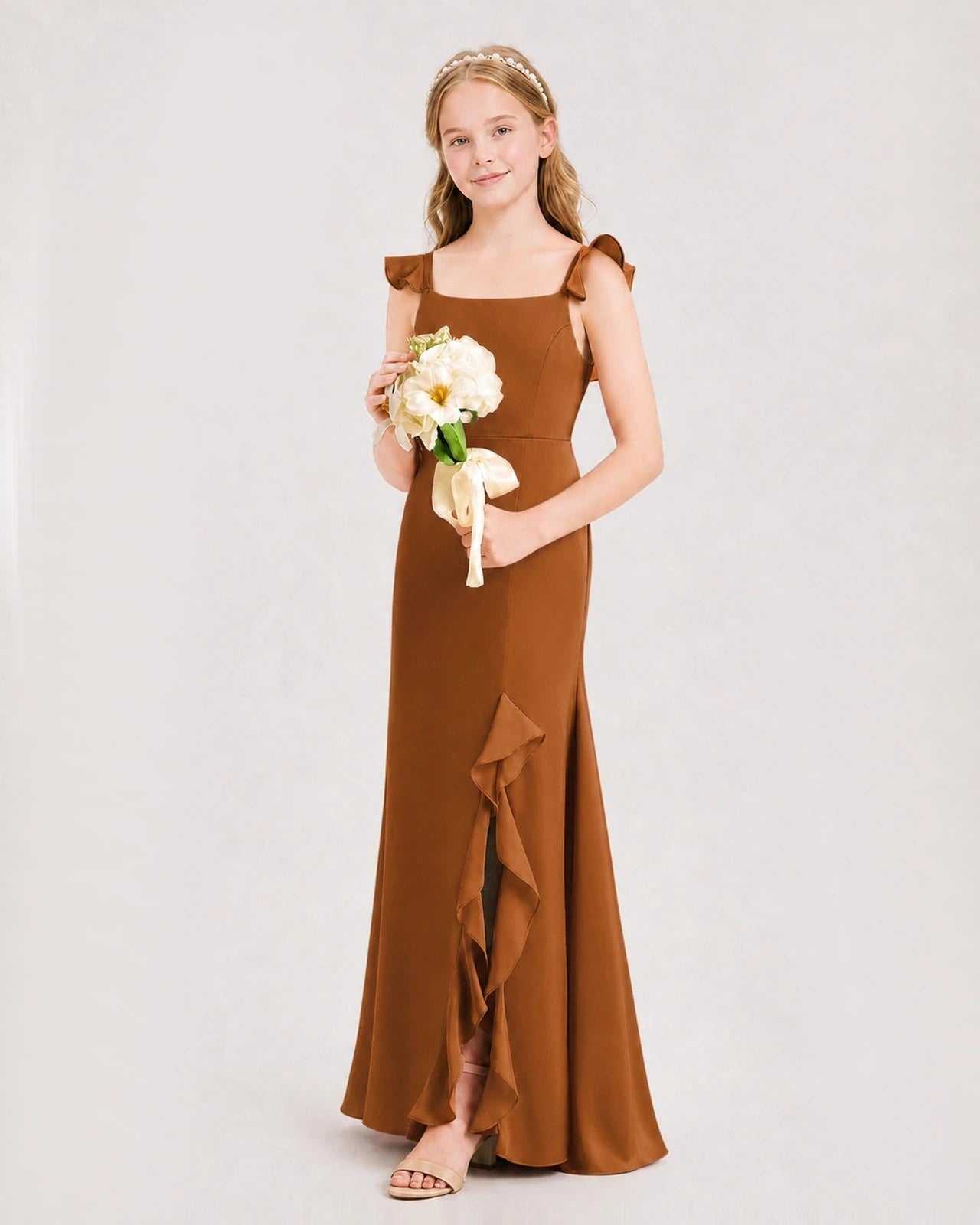Burnt Orange Chiffon Ruffle Split Junior Bridesmaid Dresses Side View