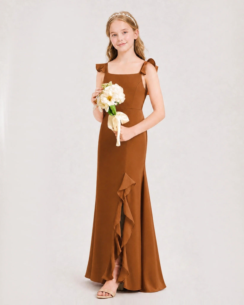 Burnt Orange Chiffon Ruffle Split Junior Bridesmaid Dresses Side View
