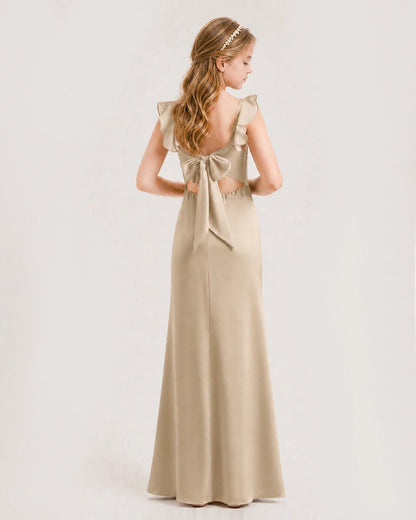 Champagne Chiffon Ruffled Bow Junior Bridesmaid Dress Back View