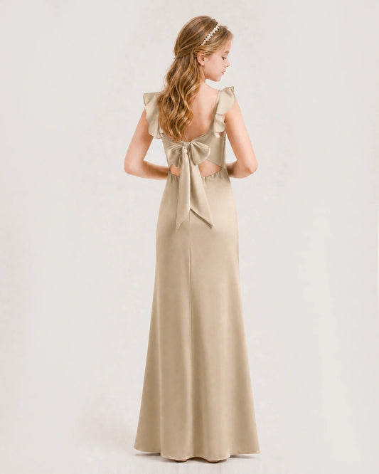 Champagne Chiffon Ruffled Bow Junior Bridesmaid Dress Back View