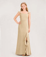 Champagne Chiffon Ruffled Strap Slit Junior Bridesmaid Dresses Front View