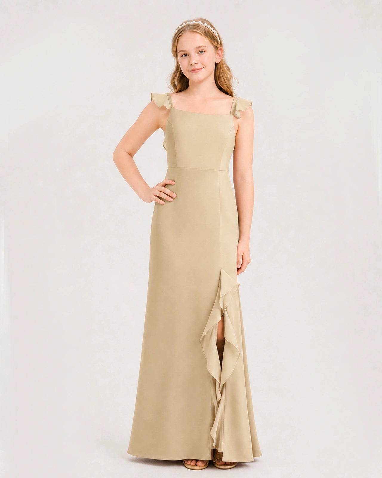 Champagne Chiffon Ruffled Strap Slit Junior Bridesmaid Dresses Front View