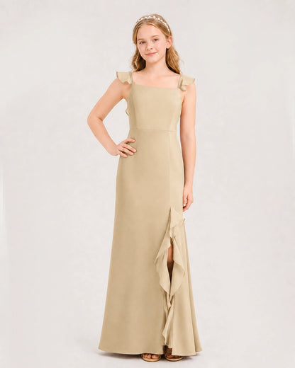 Champagne Chiffon Ruffled Strap Slit Junior Bridesmaid Dresses Front View