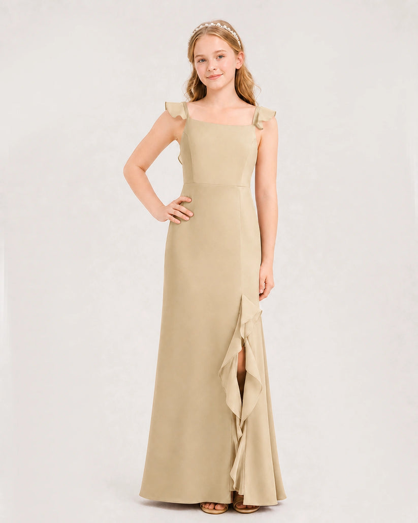 Champagne Chiffon Ruffled Strap Slit Junior Bridesmaid Dresses Front View