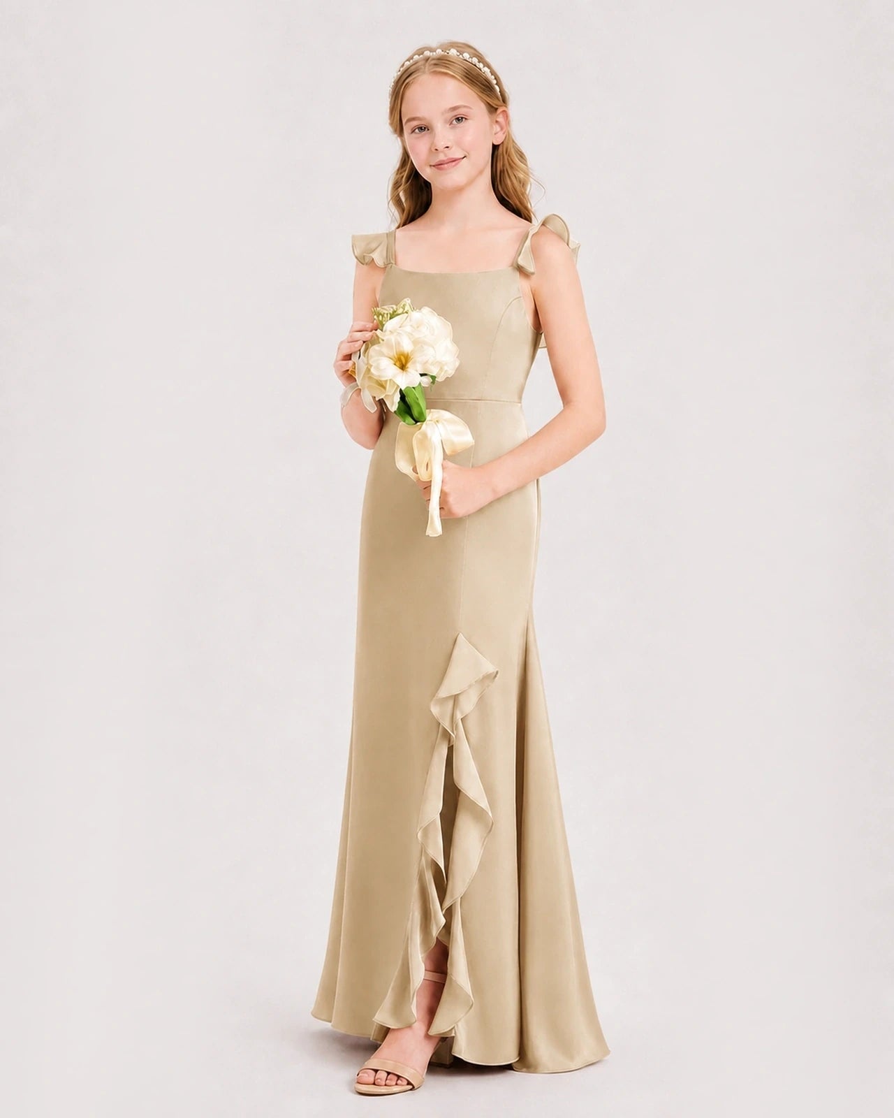 Champagne Chiffon Ruffled Split Junior Bridesmaid Dress Side View