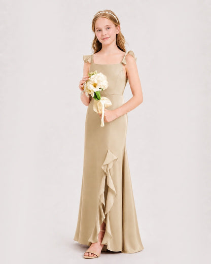 Champagne Chiffon Ruffled Split Junior Bridesmaid Dress Side View