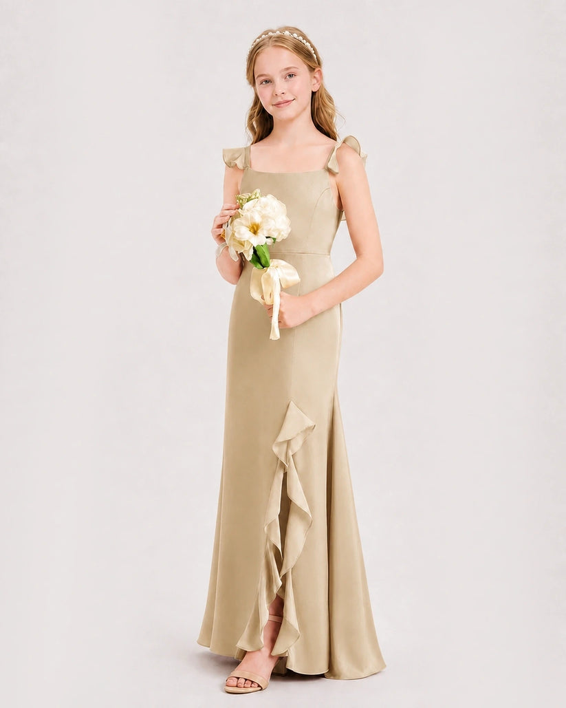 Champagne Chiffon Ruffled Split Junior Bridesmaid Dress Side View