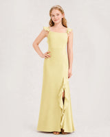 Daffodil Chiffon Ruffle-Strap Slit Junior Bridesmaid Dress Front View