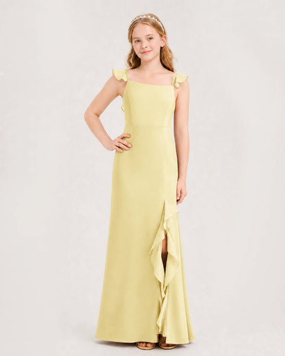 Daffodil Chiffon Ruffle-Strap Slit Junior Bridesmaid Dress Front View