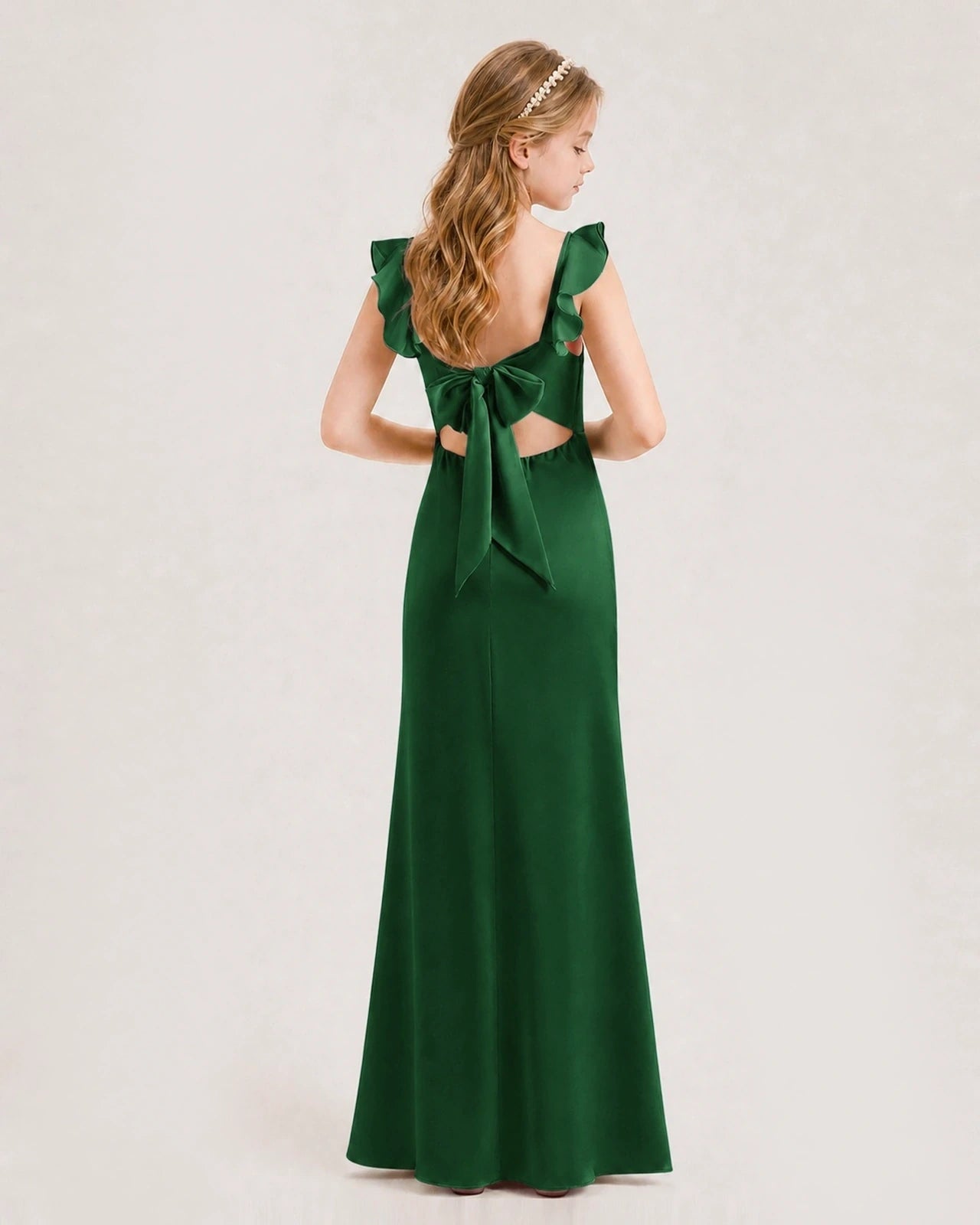 Dark Green Chiffon Bow Ruffle Back Junior Bridesmaid Dresses Back View