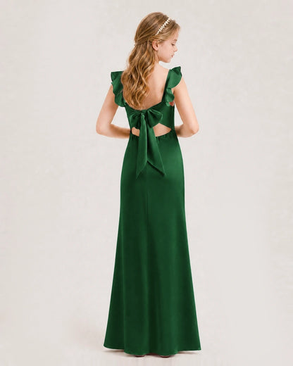 Dark Green Chiffon Bow Ruffle Back Junior Bridesmaid Dresses Back View