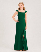 Dark Green Chiffon Ruffled Split Junior Bridesmaid Dresses Front View