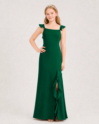 Dark Green Chiffon Ruffled Split Junior Bridesmaid Dresses Front View