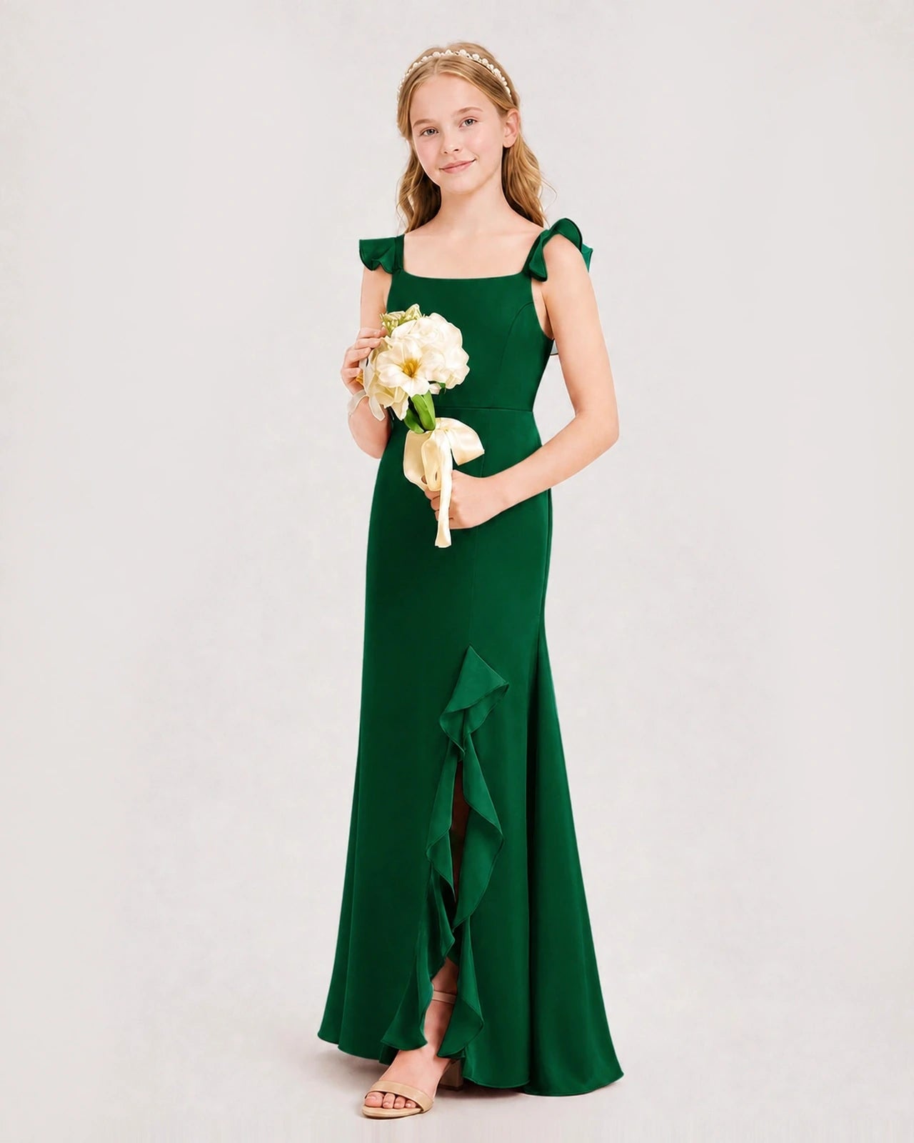 Dark Green Chiffon Ruffled Slit Junior Bridesmaid Dresses Side View