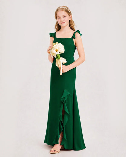 Dark Green Chiffon Ruffled Slit Junior Bridesmaid Dresses Side View