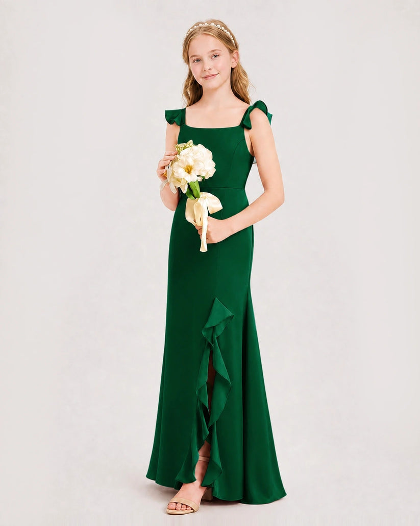 Dark Green Chiffon Ruffled Slit Junior Bridesmaid Dresses Side View