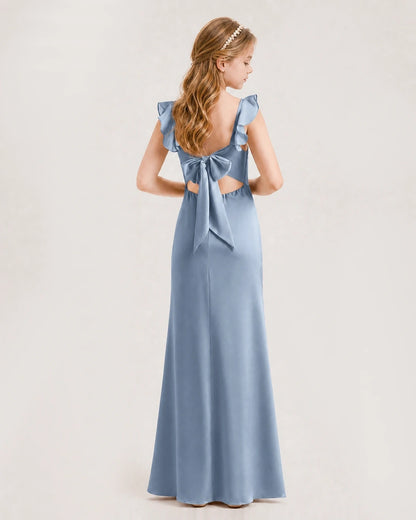 Dusty Blue Chiffon Ruffle-Strap Junior Bridesmaid Dress Back View
