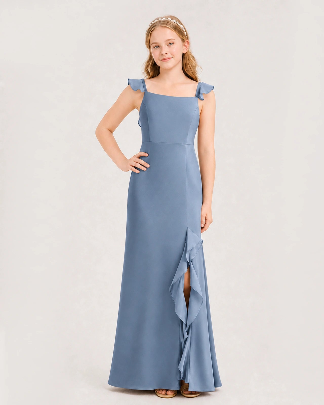 Dusty blue chiffon square neckline junior bridesmaid dress Front View