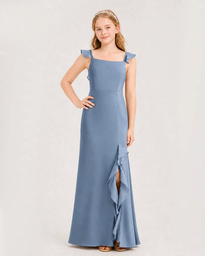 Dusty blue chiffon square neckline junior bridesmaid dress Front View
