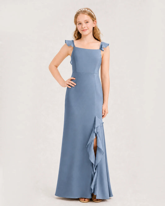 Dusty blue chiffon square neckline junior bridesmaid dress Front View
