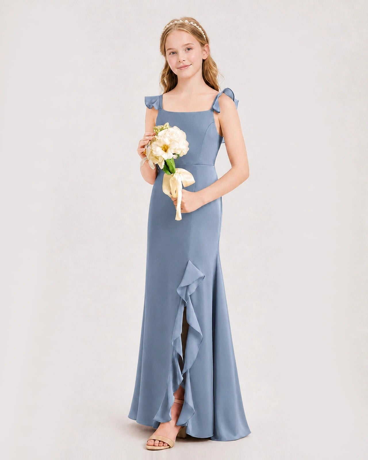 Dusty Blue Chiffon Ruffled Slit Junior Bridesmaid Dress Side View