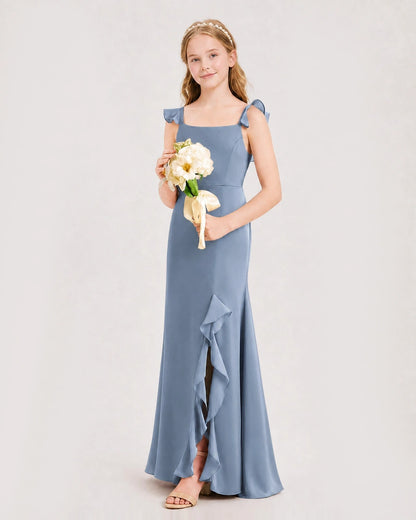 Dusty Blue Chiffon Ruffled Slit Junior Bridesmaid Dress Side View