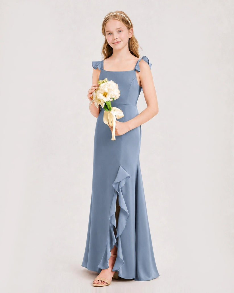 Dusty Blue Chiffon Ruffled Slit Junior Bridesmaid Dress Side View