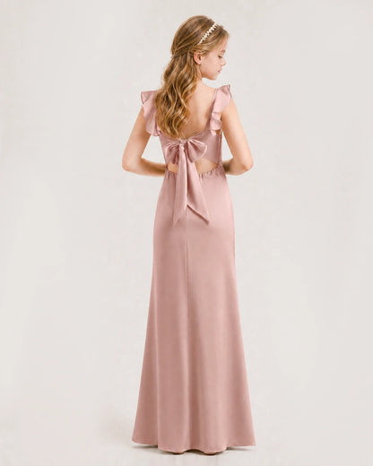 Dusty Rose Chiffon Ruffled Open Back Junior Bridesmaid Dresses Back View