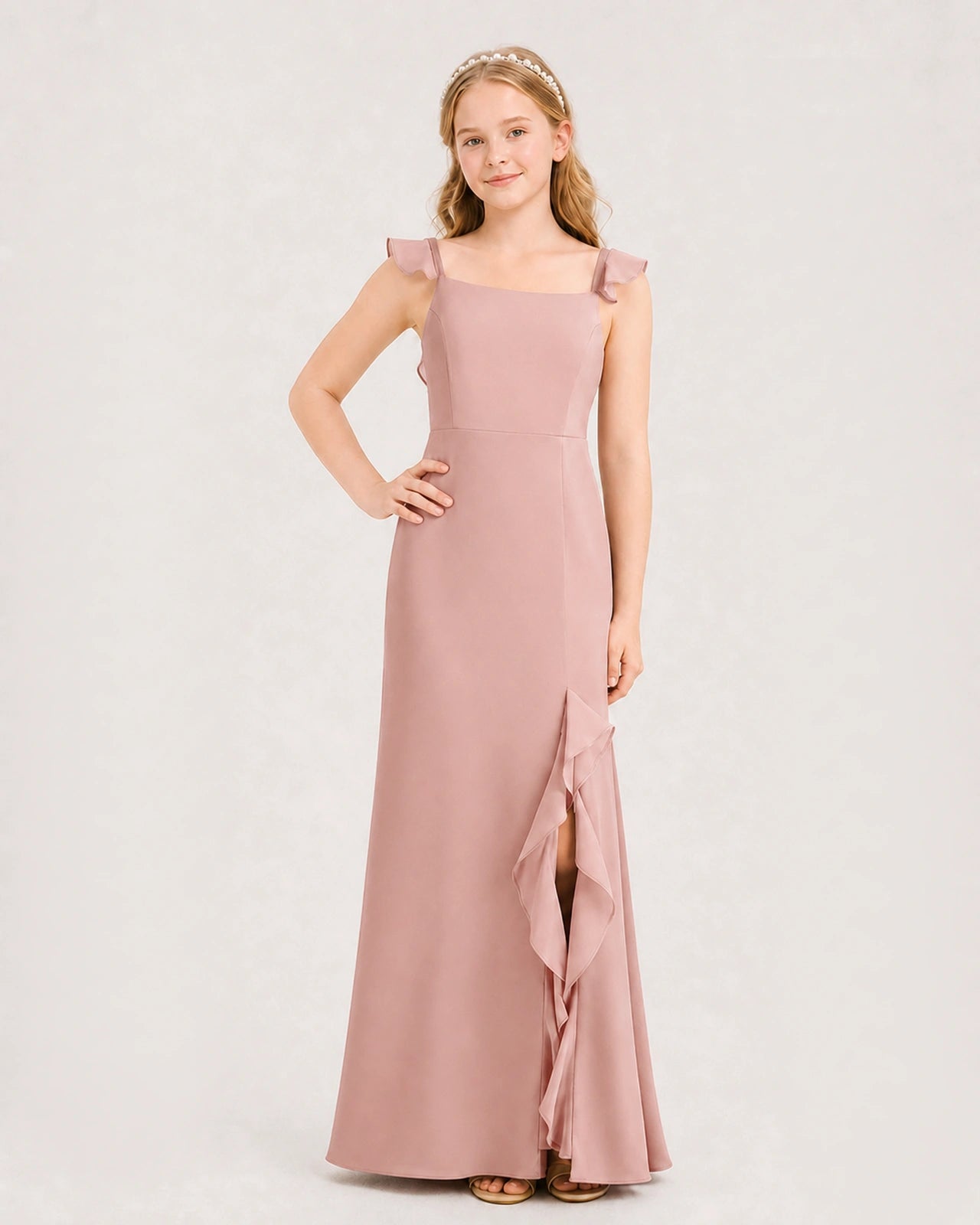 Dusty Rose Chiffon Ruffled Slit Junior Bridesmaid Dress Front View