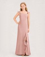 Dusty Rose Chiffon Ruffled Slit Junior Bridesmaid Dress Front View