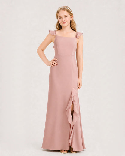 Dusty Rose Chiffon Ruffled Slit Junior Bridesmaid Dress Front View